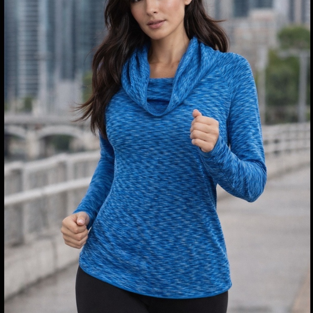 Athleta Blue Space Dye Thumb Hole Curve High Live Hem Funnel Neck Sweater Size M